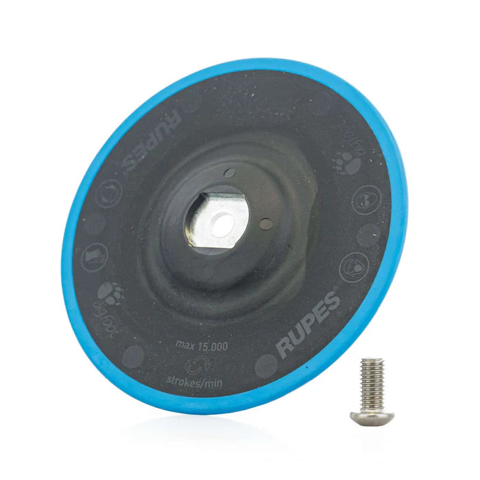 Rupes sanding disc with blue rubber rim and a screw on a white background.