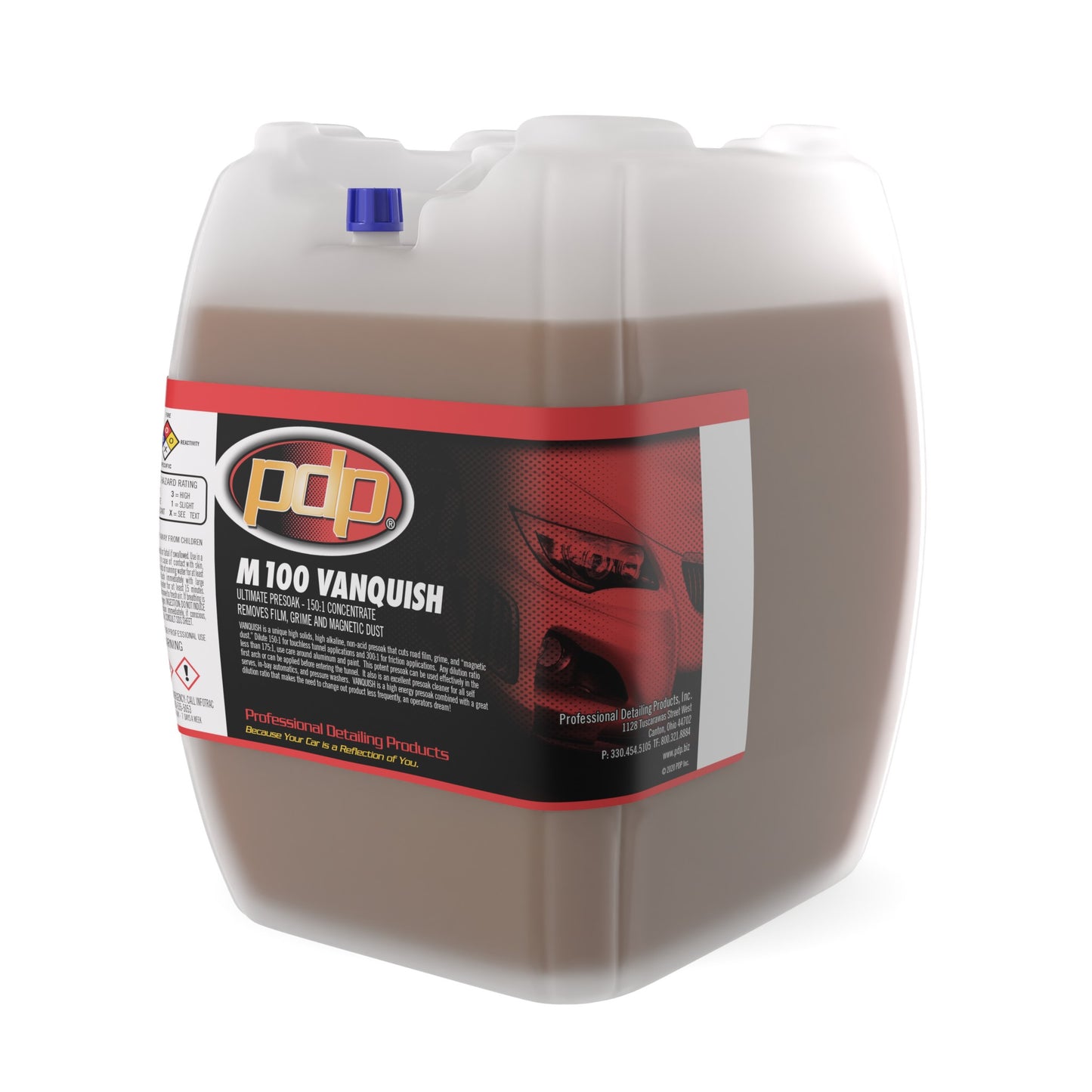 Jug of PDP M100 Vanquish automatic car wash product on a white background.