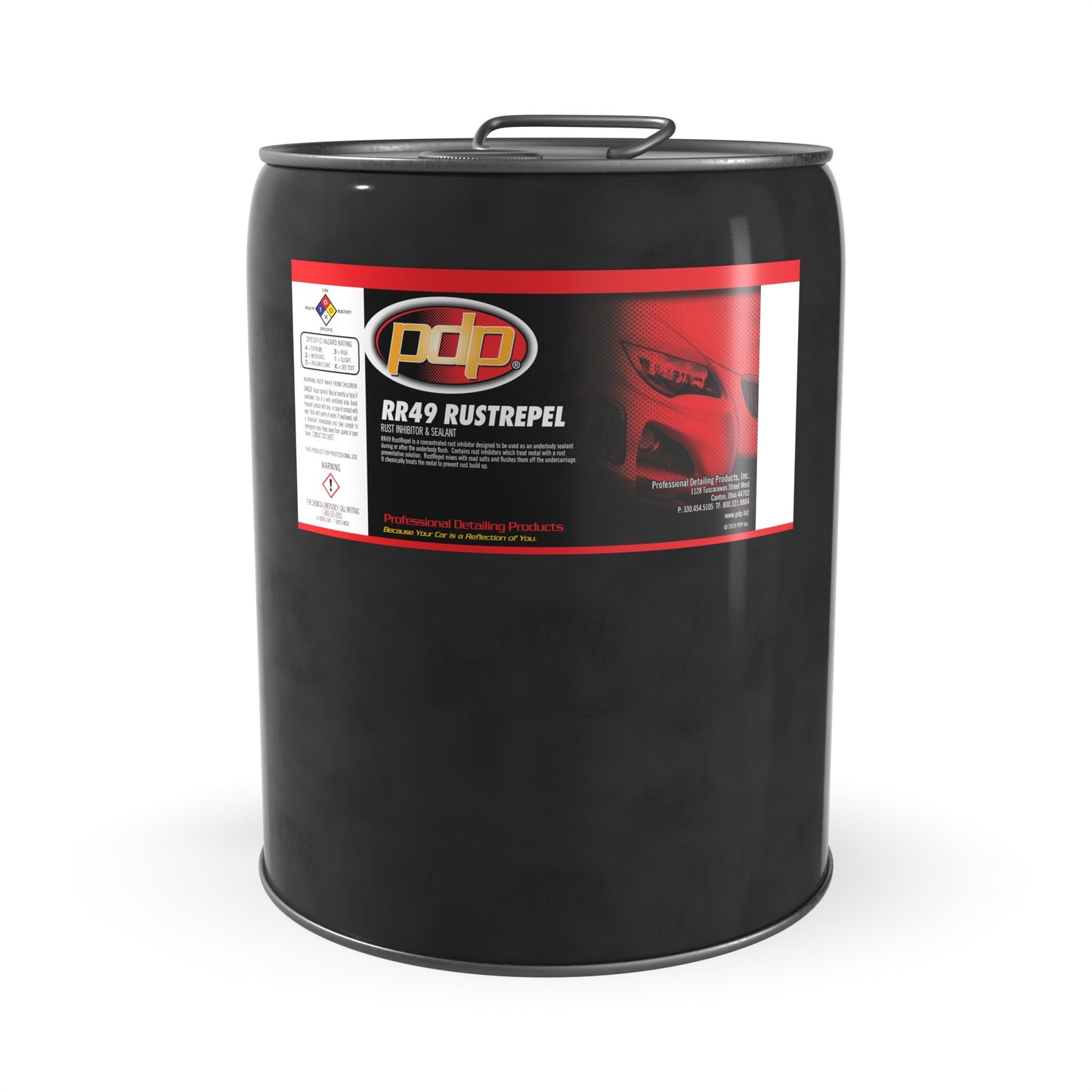 Black metal drum with RR49 RUSTREPEL on a white background.