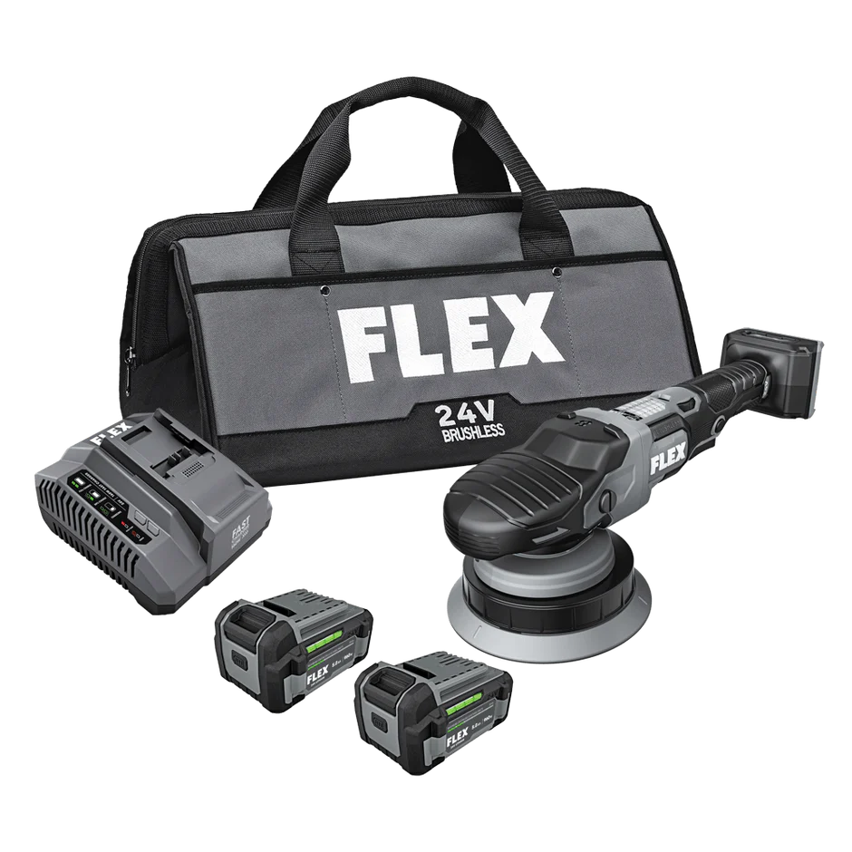 Flex power tool set with a bag, orbital sander, and batteries on a white background