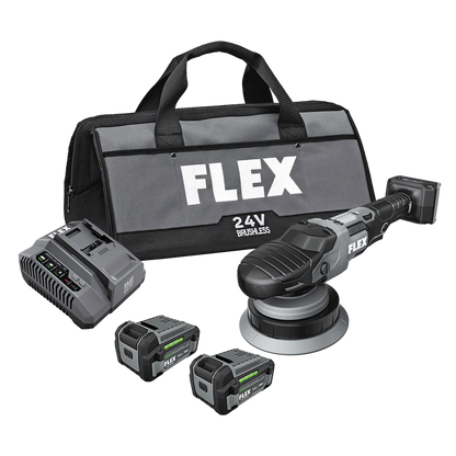 Flex power tool set with a bag, orbital sander, and batteries on a white background