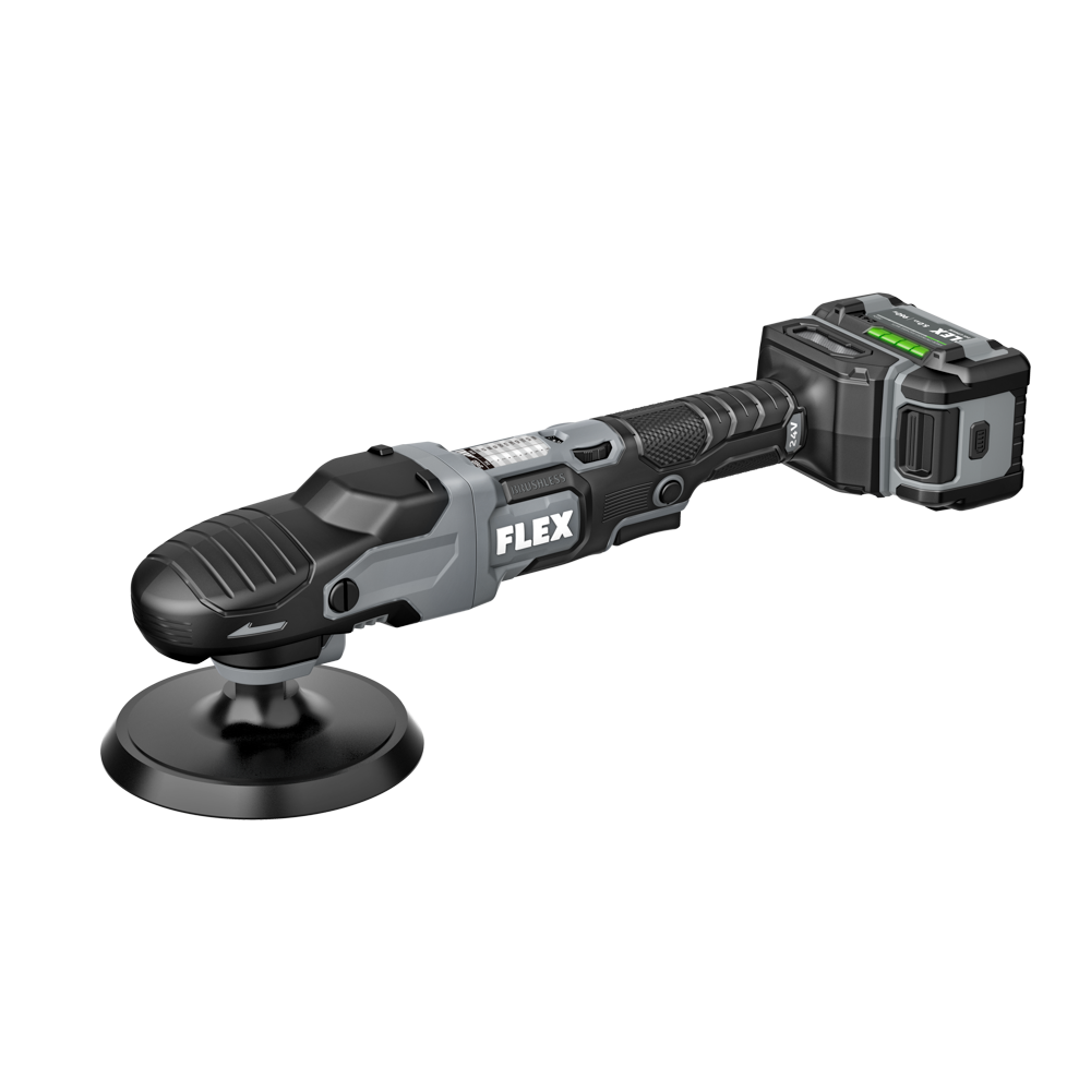 Flex power tool, a cordless rotary polisher kit, on a white background.
