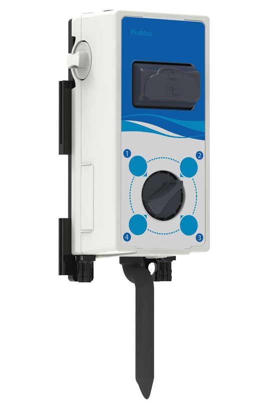 Control panel with blue and white design on a white background for ProMax dilution dispensing.